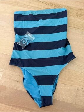 aerie Blue and Navy Stripe Strapless One-Piece Swimsuit